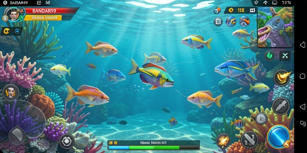 Tampilan gameplay menarik dari BANDAR99 saat menembak ikan.