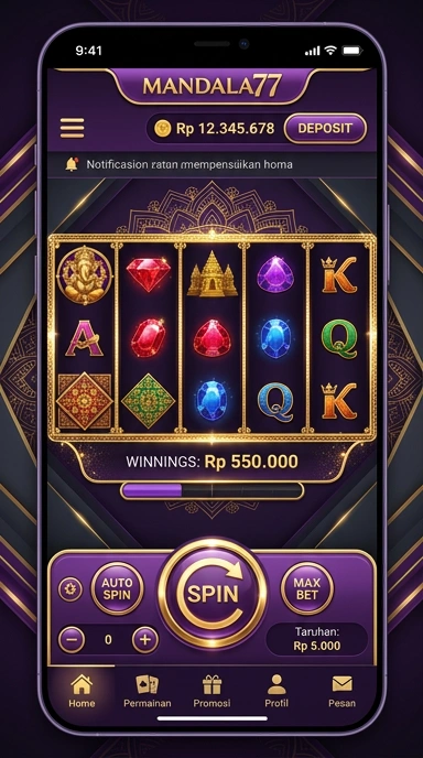 Tampilan utama aplikasi mandala77 dengan menu navigasi yang sederhana.